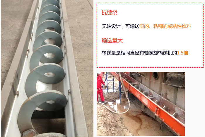 WLS無軸螺旋輸送機(jī)輸送量大是相同直徑有軸螺旋輸送機(jī)的1.5倍，抗纏繞性好，無軸設(shè)計(jì)，可輸送濕的、粘稠的或粘性物料。
